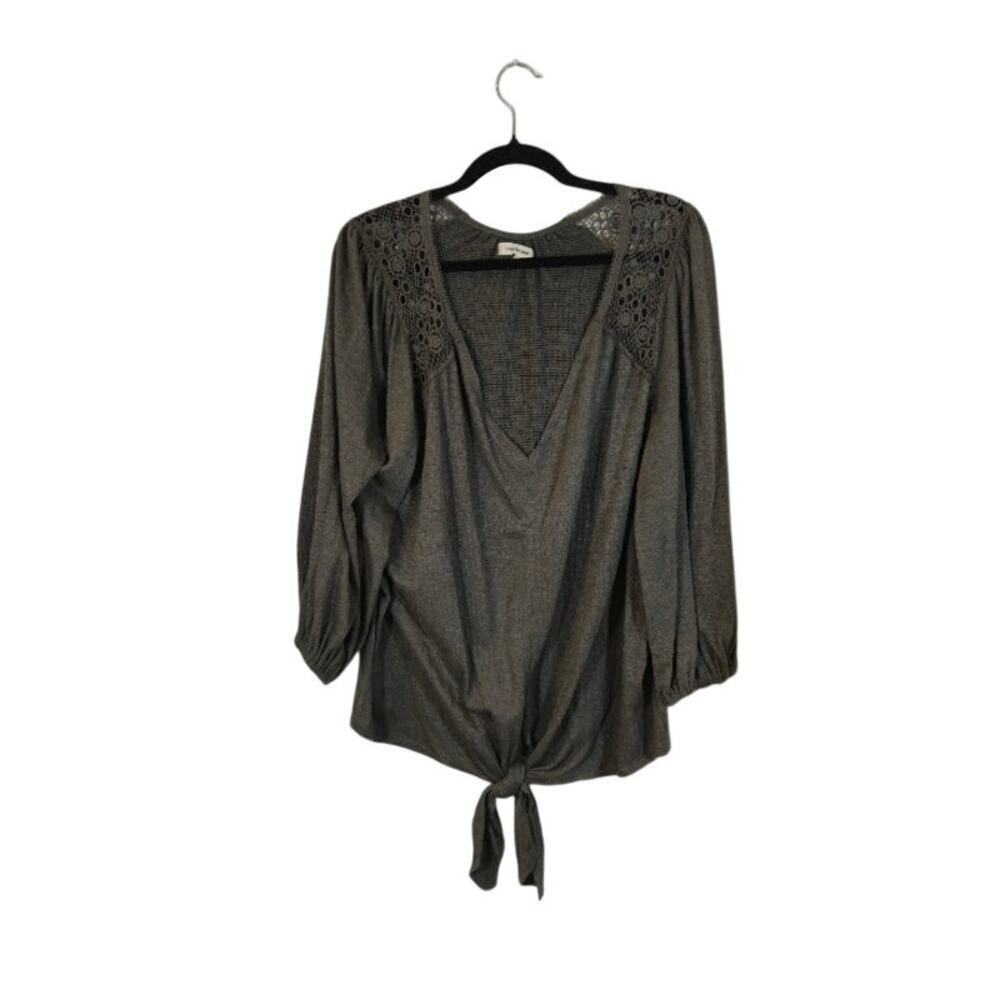 Max Studio Women's Embroidered Peasant Top Size 2X Gray Bohemian Front Tie